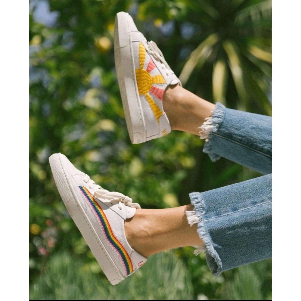Soludos x Lockhart Embroidery Rainbow Wave White Leather Sneakers US 7
